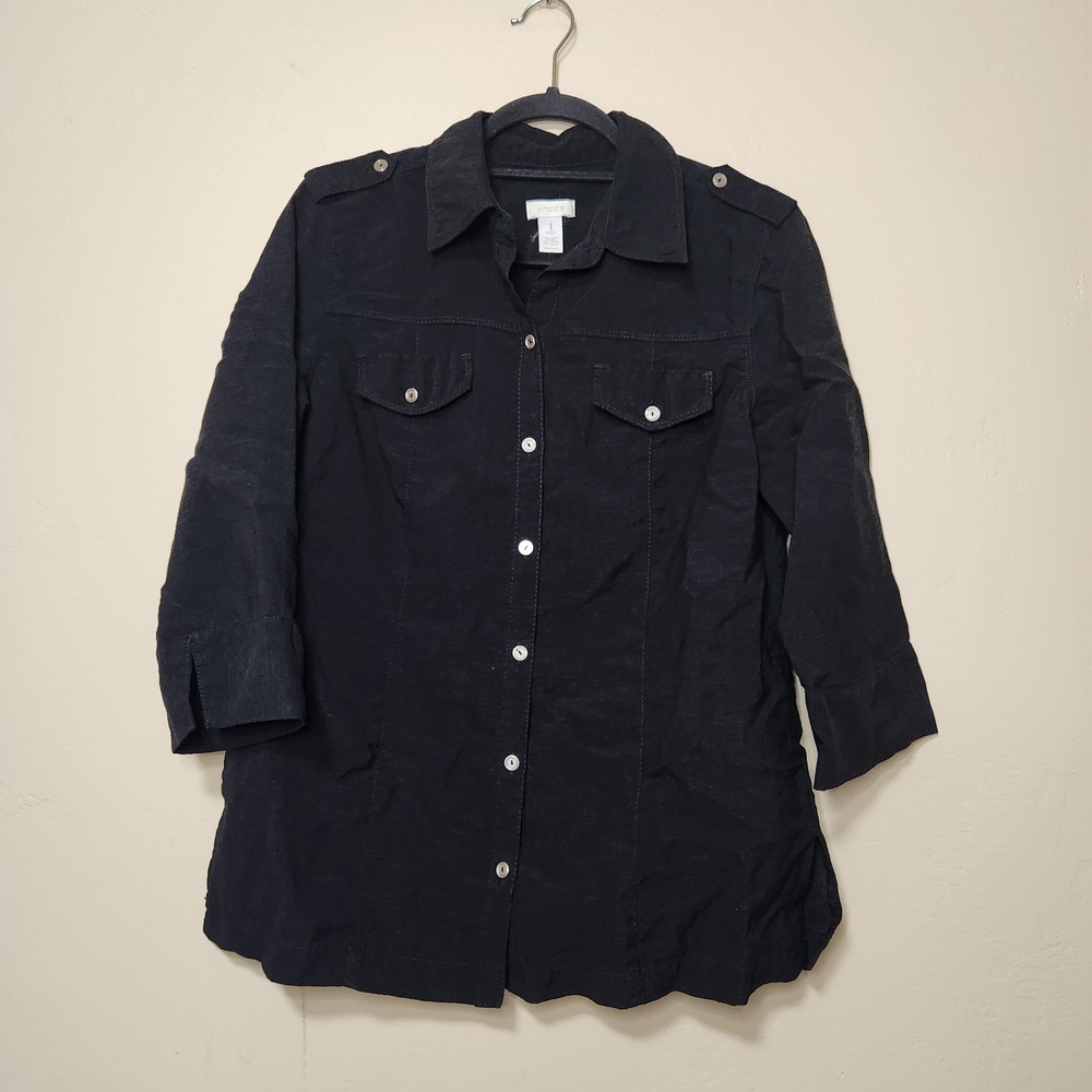 Chicos‎ 3/4 Sleeve Button Up Shirt Black Womens Size Medium